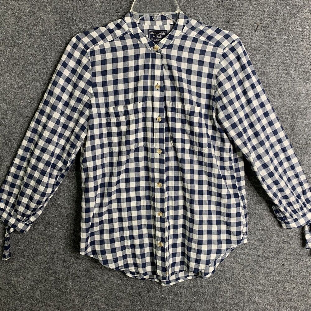 Abercrombie & Fitch Gingham Check Button Up Shirt Small Blue White 3/4 Sleeves